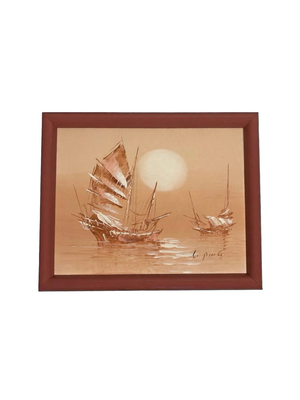 Vintage Original Acrylic on Canvas Asian Junk Boats Signed Artist Ping 8x10 Pink - Picture 5 of 8